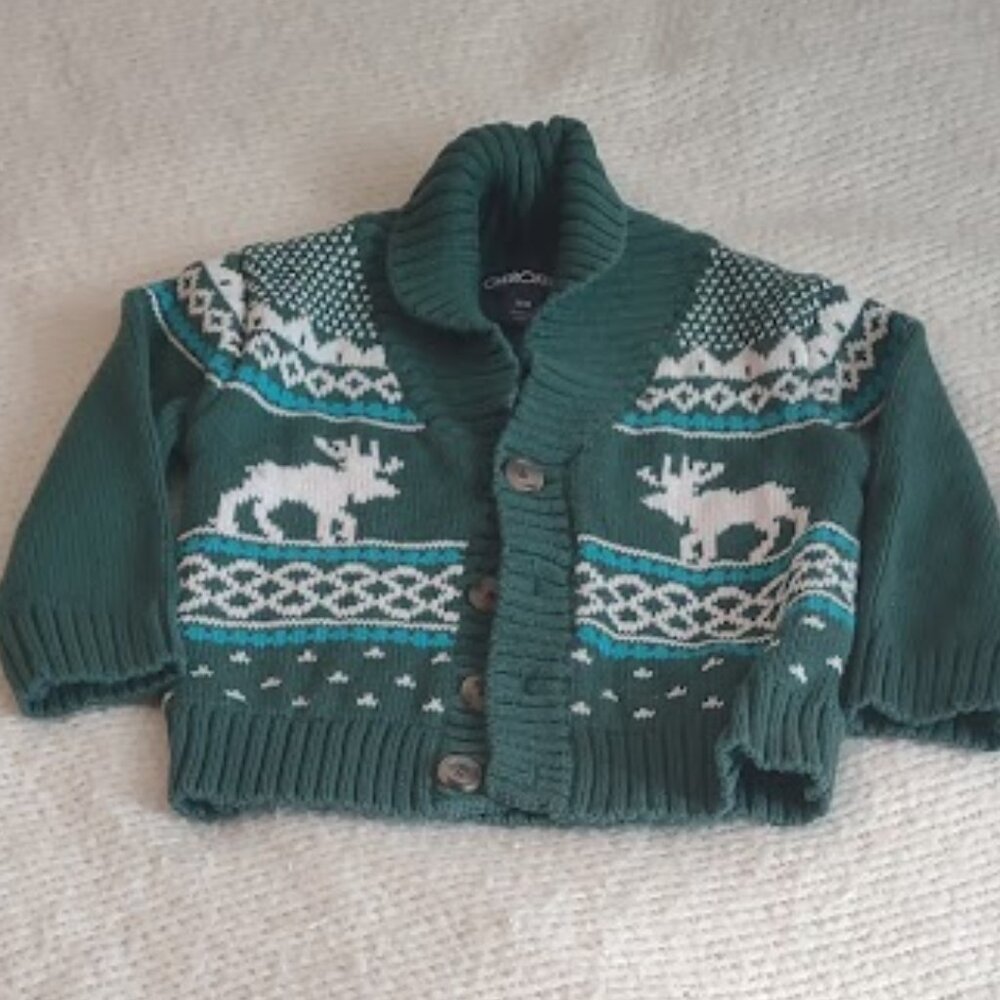 CHEROKEE KNIT GREEN AND WHITE BUTTON FRONT CARDIGAN MOOSE MOTIF BABY SIZE 18MO